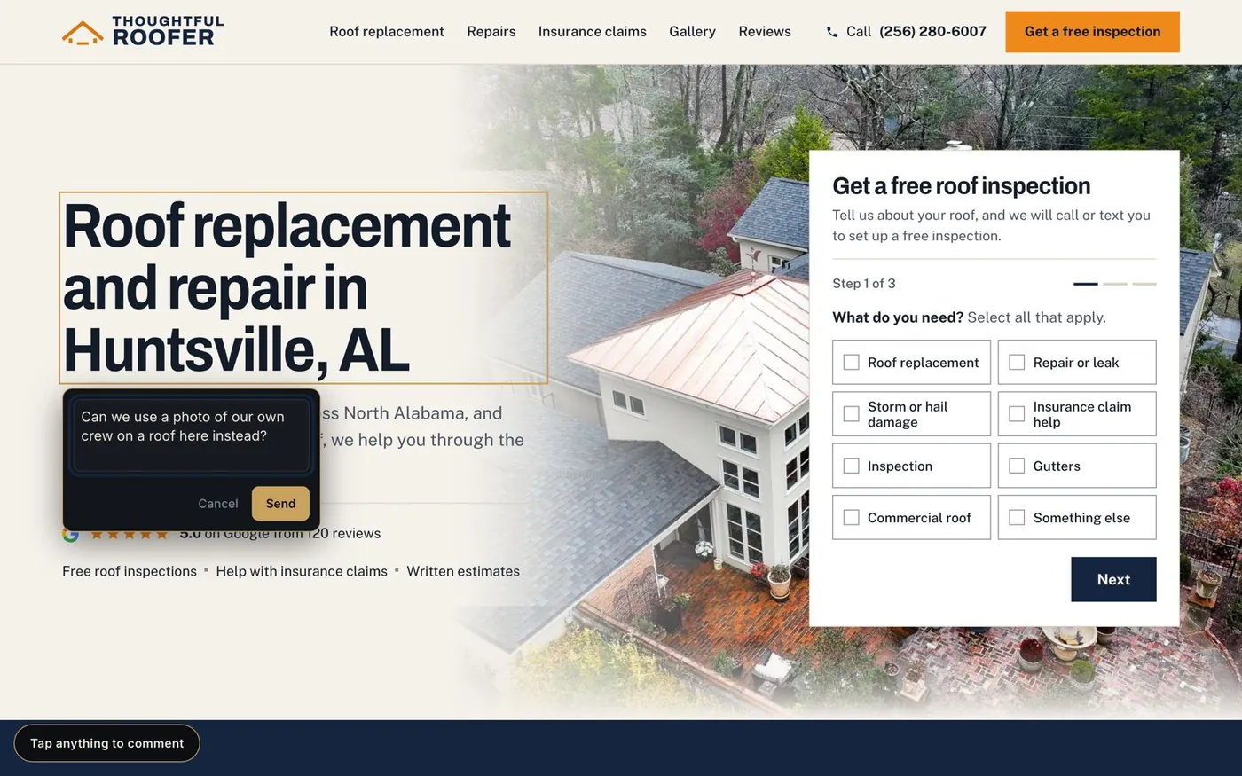 A site preview with the feedback overlay open: tap anything to comment