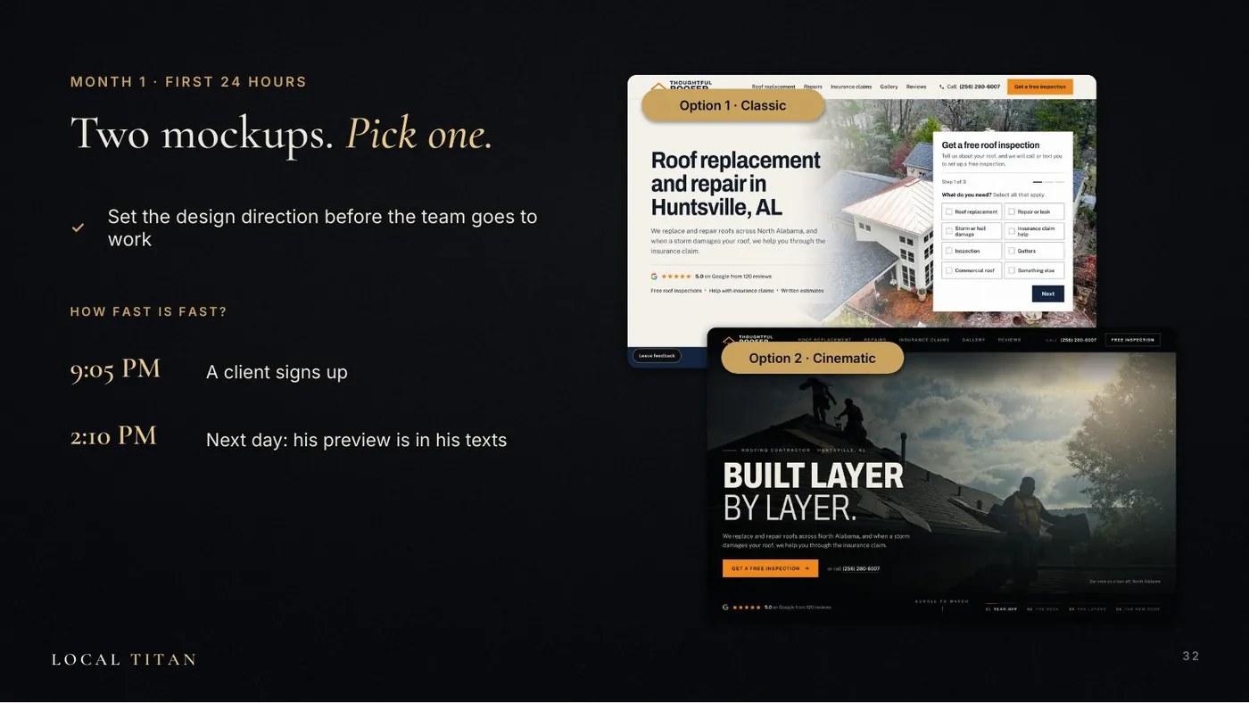 Slide: Two mockups. Pick one. Option 1 classic, option 2 cinematic. A client signed up at 9:05 PM; next day at 2:10 PM his preview was in his texts.