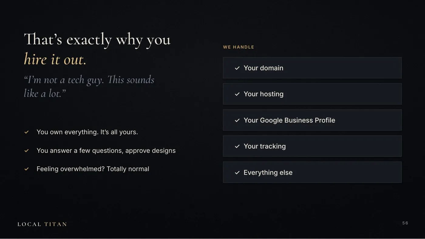 Slide: That's exactly why you hire it out. We handle your domain, hosting, Google Business Profile, tracking, everything else. You own everything.