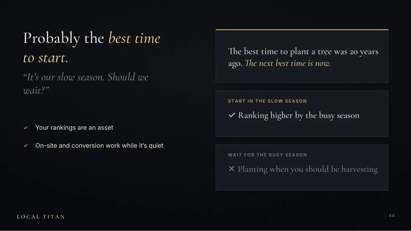 Slide: Probably the best time to start. Start in the slow season: ranking higher by the busy season. Wait for the busy season: planting when you should be harvesting.