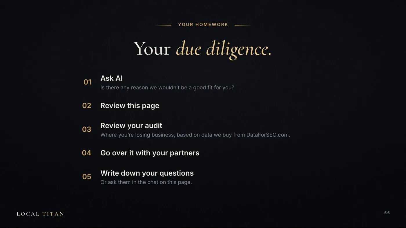 Slide: Your due diligence. Ask AI, review this page, review your audit, go over it with your partners, write down your questions.